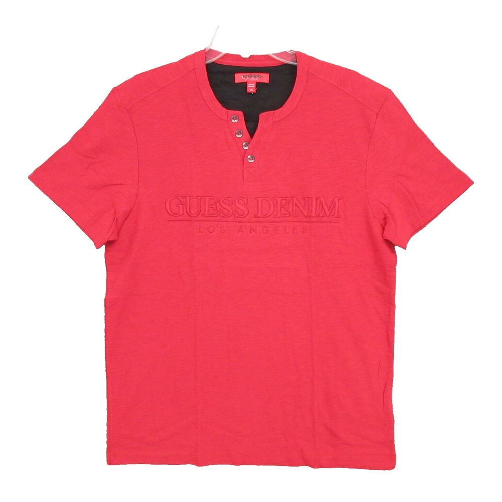 GUESS Mens Shirt Extra Large Henley Red Pullover Half Button Short Sleeve New - Picture 1 of 10
